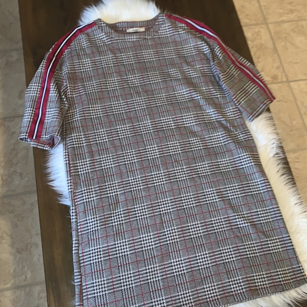 Zara Trafaluc Dress Size S Multi-Color Knit Houndstooth Short Shoulder Ribbon